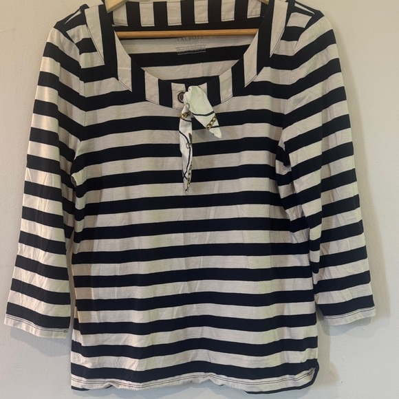 Talbots Navy & White Striped Tie-Neck Top | Nautical Preppy Cotton - Picture 2 of 4